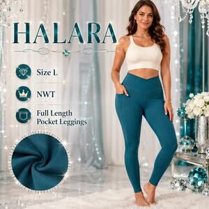 NWT Halara Deep Teal Crossover Waist Full Length Pocket Leggings Size L